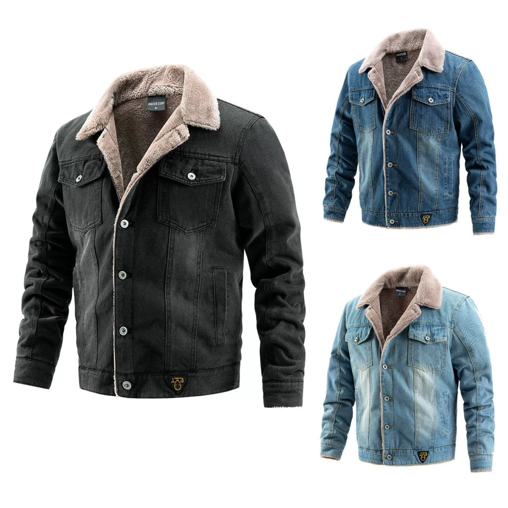 Ideal Black Friday Christmas Gift for Men, Heavyweight Fleece‑Lined Denim Trucker Jacket with Removable Faux Fur Collar, Winter Warm Gift for Dad Elderly Men Outerwear US S‑3XL