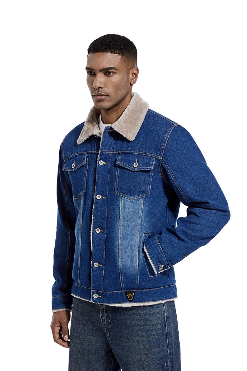 Ideal Black Friday Christmas Gift for Men, Heavyweight Fleece‑Lined Denim Trucker Jacket with Removable Faux Fur Collar, Winter Warm Road Trip Travel Outerwear US S‑3XL
