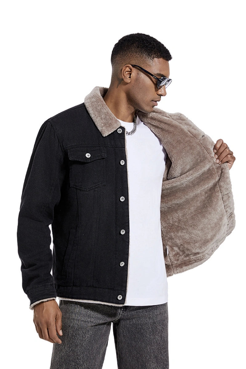 Ideal Black Friday Christmas Gift for Men, Heavyweight Fleece‑Lined Denim Trucker Jacket with Removable Faux Fur Collar, Winter Warm Gift for Dad Elderly Men Outerwear US S‑3XL