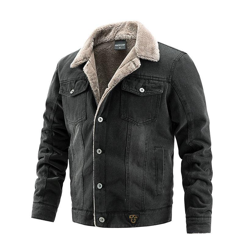 Ideal Black Friday Christmas Gift for Men, Heavyweight Fleece‑Lined Denim Trucker Jacket with Removable Faux Fur Collar, Winter Warm Gift for Dad Elderly Men Outerwear US S‑3XL