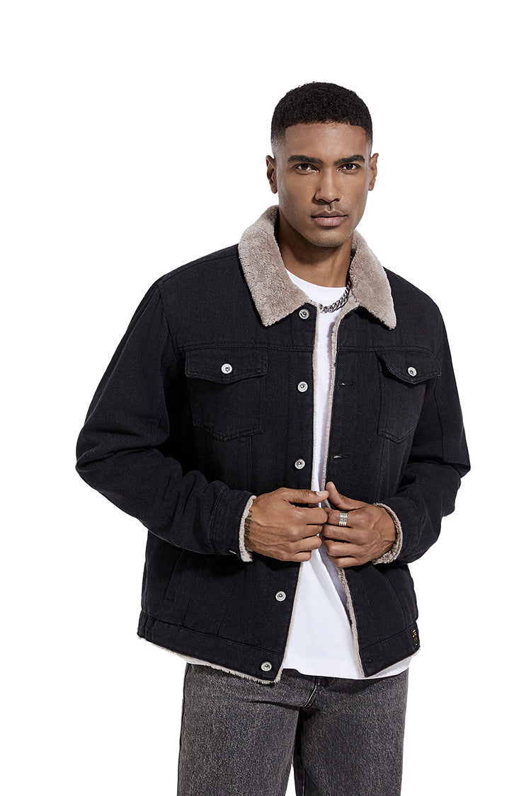 Ideal Black Friday Christmas Gift for Men, Heavyweight Fleece‑Lined Denim Trucker Jacket with Removable Faux Fur Collar, Winter Warm Gift for Dad Elderly Men Outerwear US S‑3XL