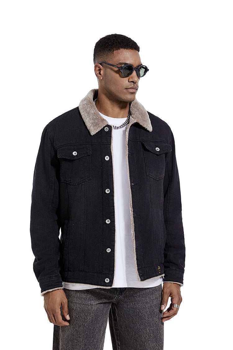 Ideal Black Friday Christmas Gift for Men, Heavyweight Fleece‑Lined Denim Trucker Jacket with Removable Faux Fur Collar, Winter Warm Car Guy Garage Outerwear US S‑3XL