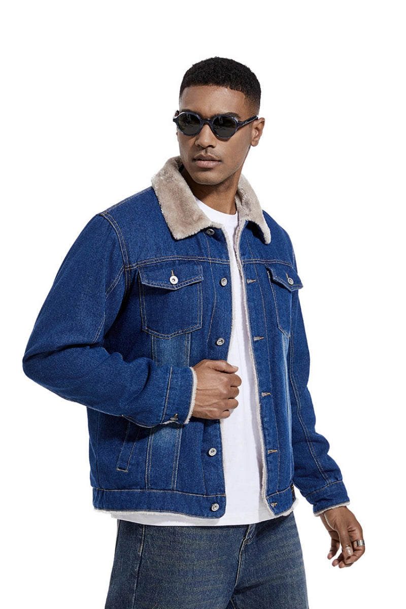 Christmas Black Friday Gift Men Fleece‑Lined Denim Winter Tailgate Jacket Heavyweight Fleece‑Lined Denim Trucker Jacket with Removable Faux Fur Collar, Winter Warm Gift for Dad Elderly Men Outerwear US S‑3XL