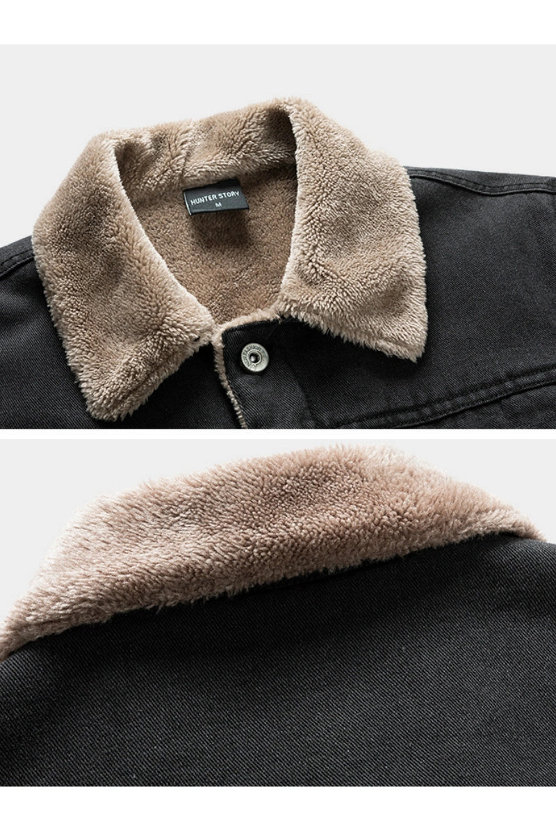 Ideal Black Friday Christmas Gift for Men, Heavyweight Fleece‑Lined Denim Trucker Jacket with Removable Faux Fur Collar, Winter Warm Gift for Dad Elderly Men Outerwear US S‑3XL