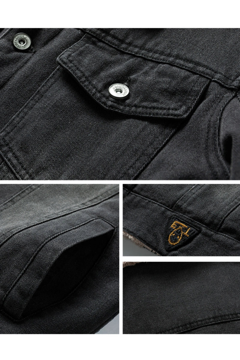 Ideal Black Friday Christmas Gift for Men, Heavyweight Fleece‑Lined Denim Trucker Jacket with Removable Faux Fur Collar, Winter Warm Gift for Dad Elderly Men Outerwear US S‑3XL