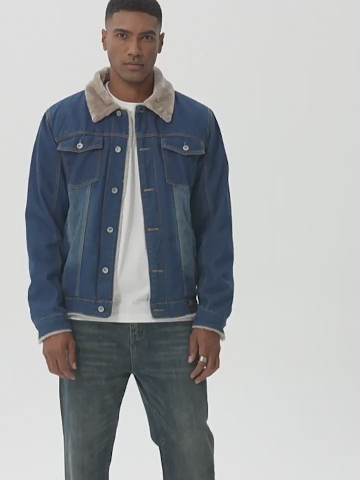 Ideal Black Friday Christmas Gift for Men, Heavyweight Fleece‑Lined Denim Trucker Jacket with Removable Faux Fur Collar, Winter Warm Gift for Dad Elderly Men Outerwear US S‑3XL